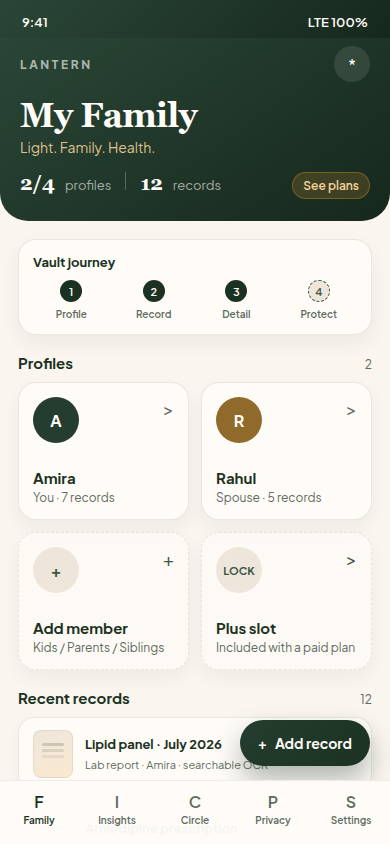 Lantern My Family dashboard with profiles and recent records